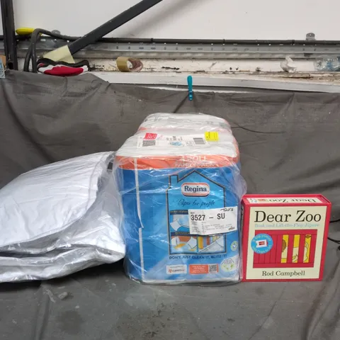 CAGE OF APPROXIMATELY 15 ASSORTED HOUSEHOLD ITEMS TO INCLUDE - PAIR OF PILLOWS - REGINA KITCHEN ROLLS AND DEAR ZOO CHILDREN'S BOOK - COLLECTION ONLY