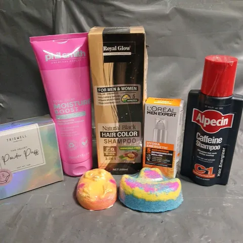 APPROXIMATELY 20 HEALTH AND BEAUTY PRODUCTS TO INCLUDE APLECIN CAFFEINE SHAMPOO, ASSORTED BATH BOMBS AND REGAL GLOW HAIR COLOUR