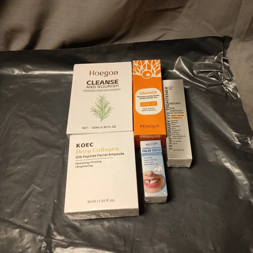 APPROXIMATELY 25 ASSORTED COSMETIC ITEMS INCLUDING TEMPORARY EYE TIGHTENER, ORANGE ENZYMES BRIGHTENING GEL, CLEAN AND NOURISH ROSEMARY SHAMPOO, THERMAL FORMING FALSE TEETH ETC