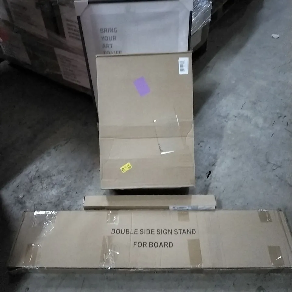 PALLET OF HOUSEHOLD ITEMS TO INCLUDE PICTURE FRAME,  DOUBLE SIDE SIGN STAND, LED BATTEN LIGHT AND OTHER ASSORTED ITEMS...