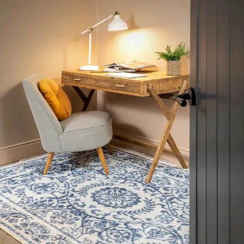 BOXED MACHINE WASHABLE BEIGE BLUE TRADITIONAL DAMASK STYLE DISTRESSED LIVING ROOM AREA RUG - 160×230CM