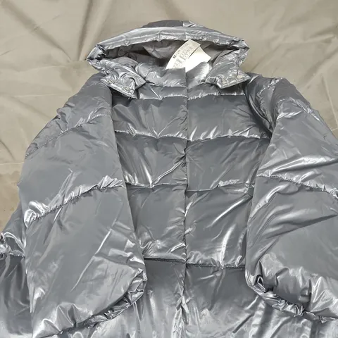 M & S GREY METALLIC QUILTED PUFFER JACKET WITH HOOD AGE 10-11 YEARS