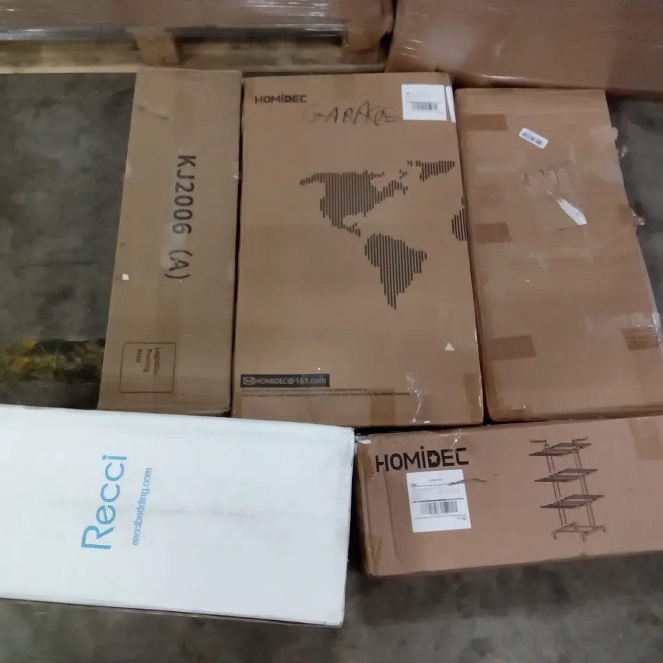 PALLET OF ASSORTED ITEMS INCLUDING RECCI BEDDING, HOMIDEC DRYING RACK, HNNHOME BAR CHAIR, SPRING LOADED TENSION ROD, GARDEN KING ELECTRIC PATIO HEATER