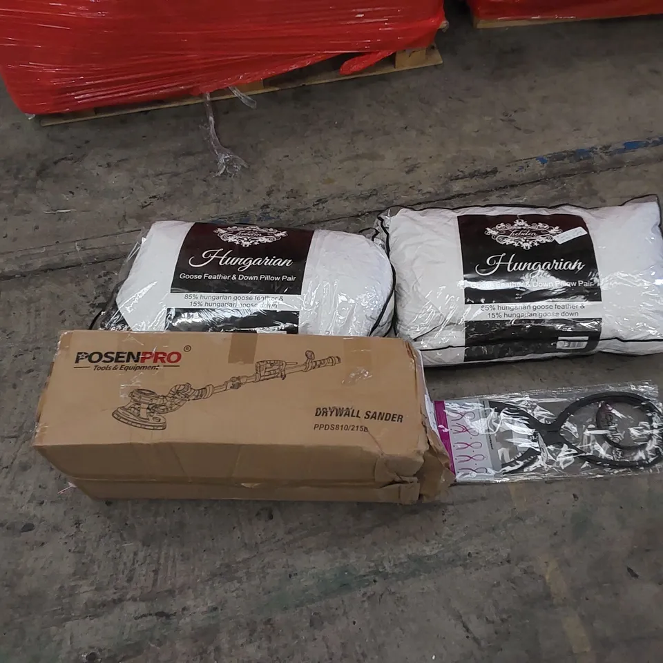 PALLET CONTAINING ASSORTED HOUSEHOLD PRODUCTS. INCLUDES PILLOWS, DRYWALL SANDER, FURNITURE ETC 