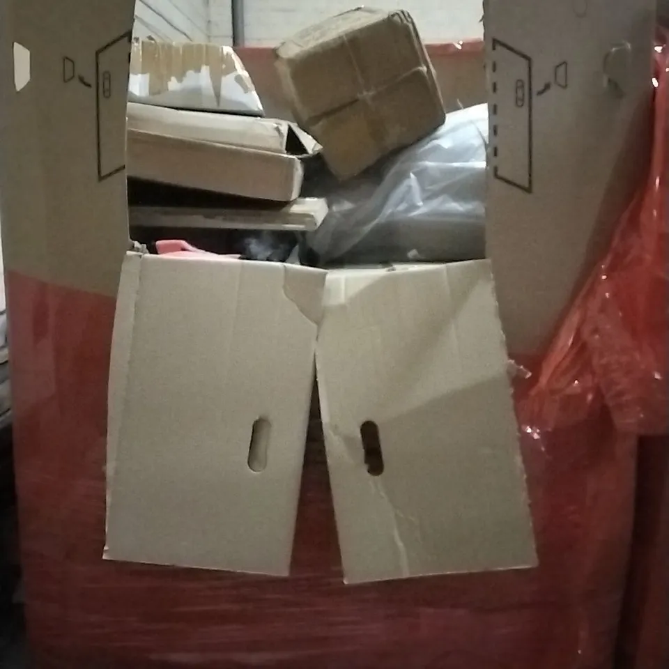 PALLET OF HOUSEHOLD ITEMS TO INCLUDE CEILING FAN LIGHT, FOLDING PLAYMAT,CHAIR MAT,FOOT WARMER AND OTHER ASSORTED ITEMS...