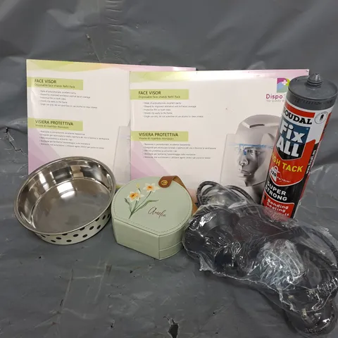 APPROXIMATELY 10 ASSORTED HOUSEHOLD ITEMS TO INCLUDE DISPOSABLE FACE SHIELDS, PET FOOD BOWL, SOUDAL FIX ALL HIGH TACK, ETC