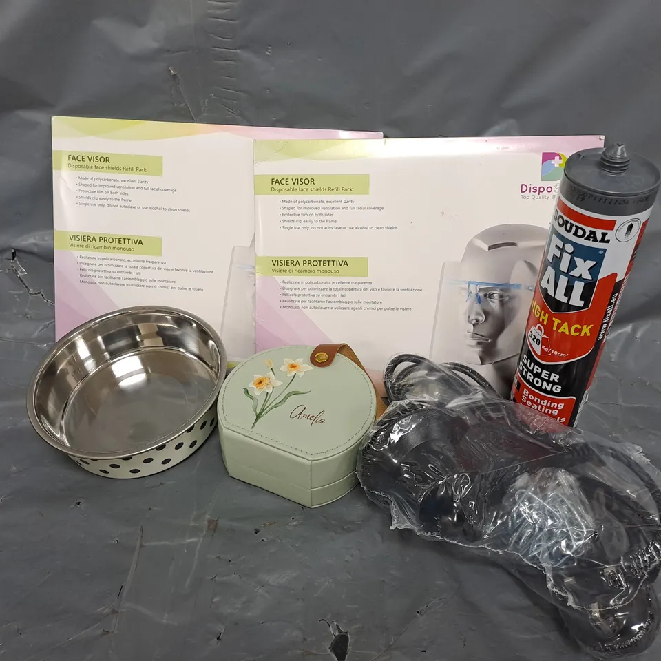 APPROXIMATELY 10 ASSORTED HOUSEHOLD ITEMS TO INCLUDE DISPOSABLE FACE SHIELDS, PET FOOD BOWL, SOUDAL FIX ALL HIGH TACK, ETC