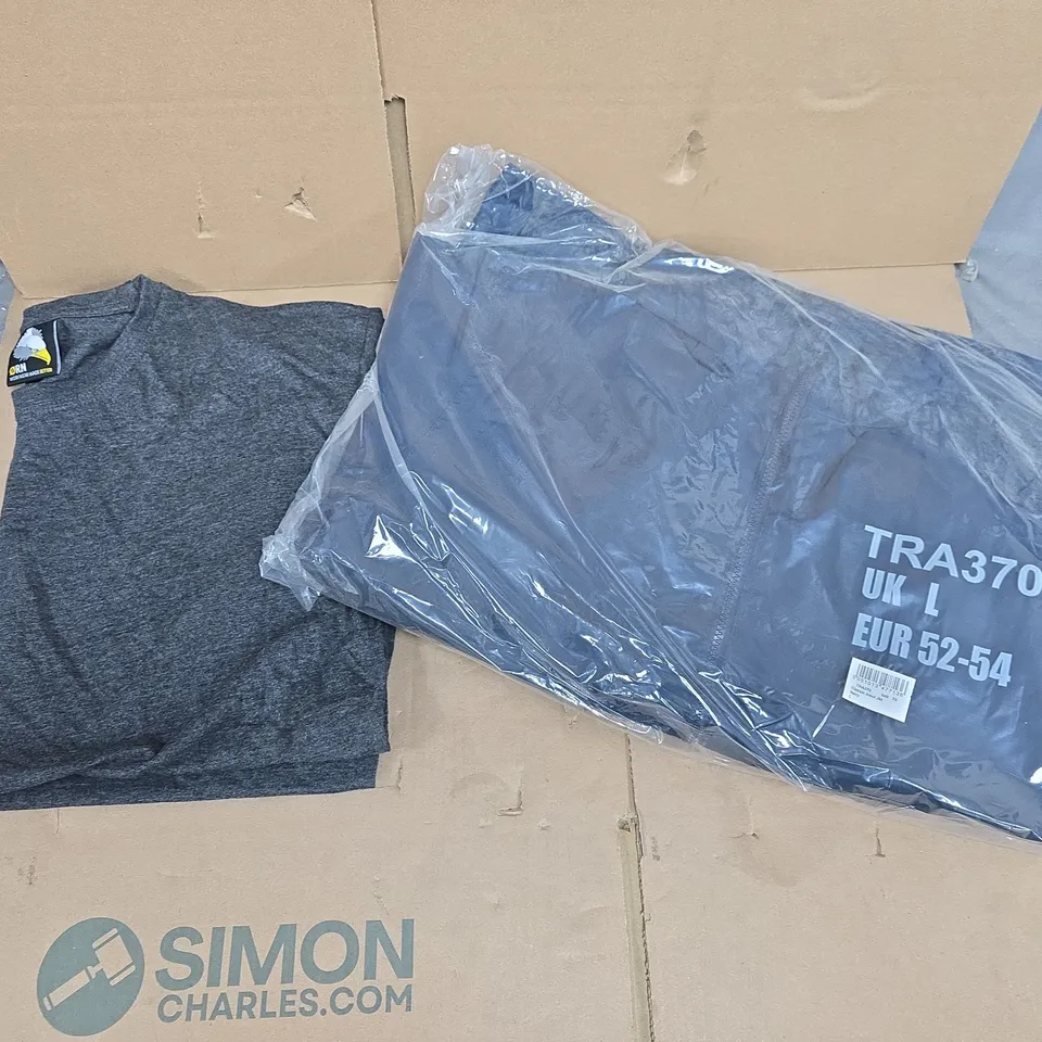 LARGE QUANTITY OF ASSORTED ITEMS TO INCLUDE INSULATION JACKETS, PLAIN GREY T-SHIRTS ALL IN VARIOUS SIZES - COLLECTION ONLY