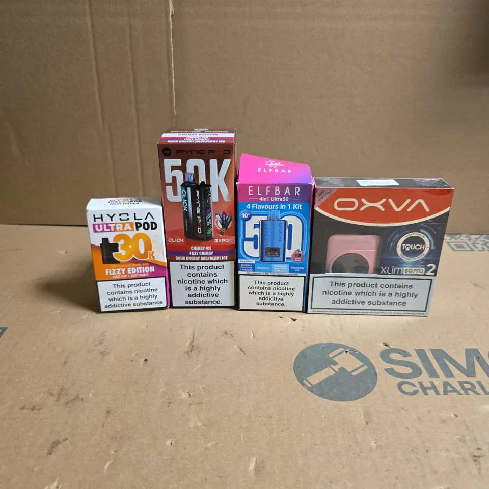 LOT OF APPROXIMATELY 15 ASSORTED ELECTRONIC CIGARETTE ITEMS TO INCLUDE OXVA XLIM SQ PRO 2, ELFBAR 4-IN-1 PODS AND HYOLA ULTRA POD