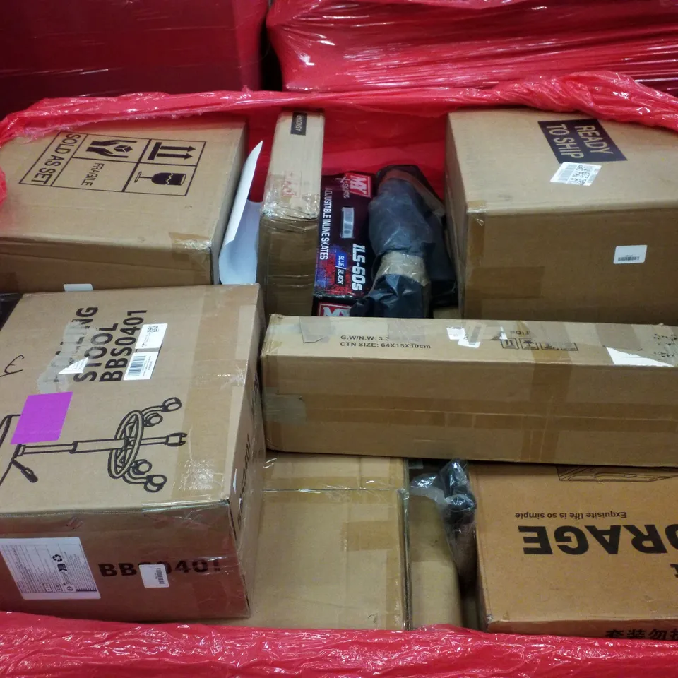PALLET CONTAINING ASSORTED PRODUCTS INCLUDING ROLLING STOOL, BUCKET STORAGE, ADJUSTABLE INLINE SKATES & STORAGE OTTOMANS