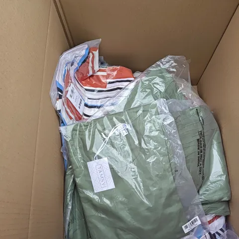 BOX OF APPROXIMATELY 30 ASSORTED CLOTHING ITEMS IN VARIOUS STYLES , SIZES AND COLOURS