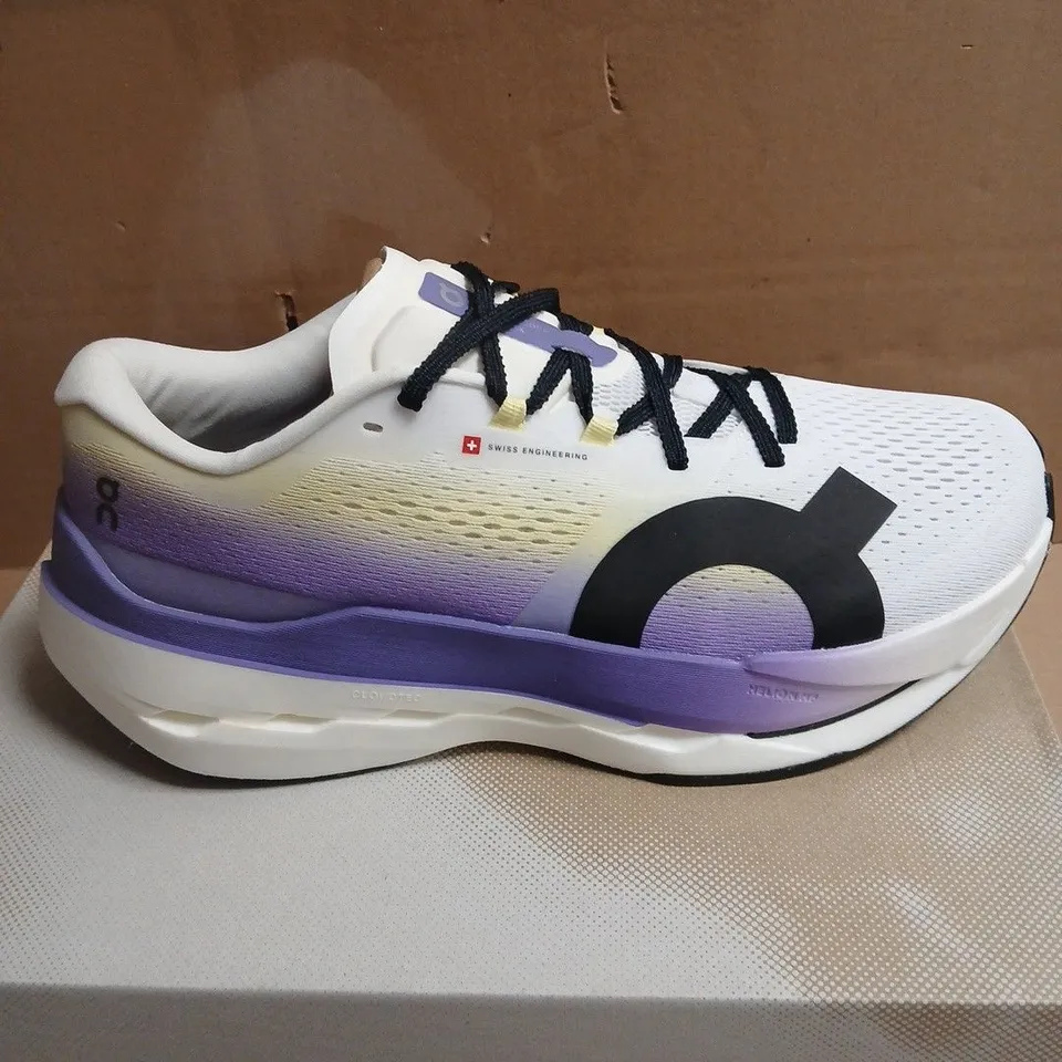 ON RUNNING TRAINERS – WHITE WITH PURPLE GRADIENT MIDSOLE BOXED UK 11