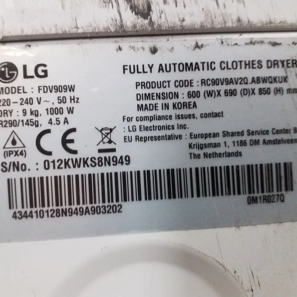 LG FULLY AUTOMATIC CLOTHES DRYER FDV909W 9KG, WHITE