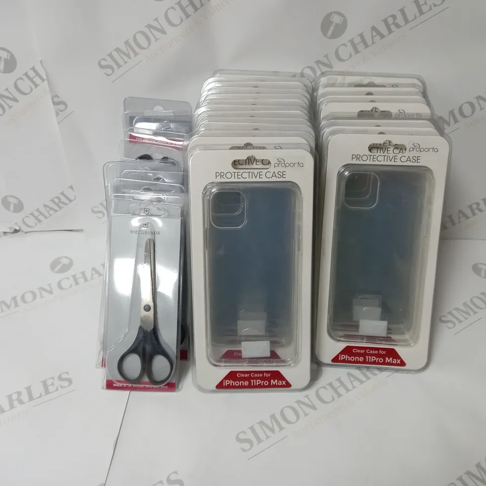 APPROXIMATELY 30 ASSORTED ITEMS TO INCLUDE PROPORTA CLEAR CASE FOR IPHONE 11PRO MAX AND VICTORINOX POCKET SCISSORS 