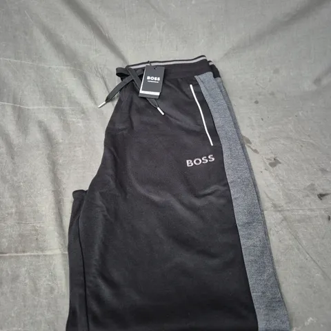 HUGO BOSS TRACKSUIT PANTS – BLACK WITH GREY SIDE STRIPE (MEN'S) - LARGE