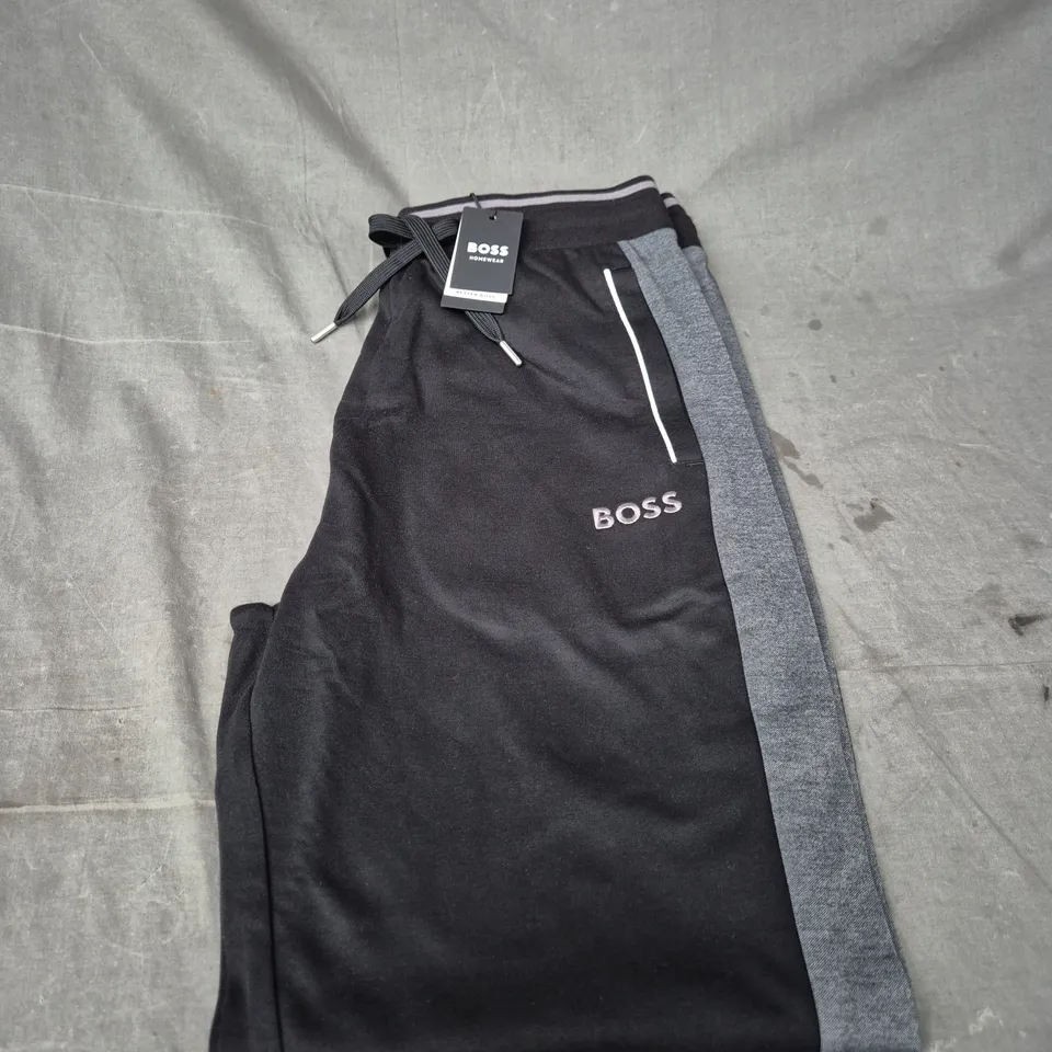 HUGO BOSS TRACKSUIT PANTS – BLACK WITH GREY SIDE STRIPE (MEN'S) - LARGE