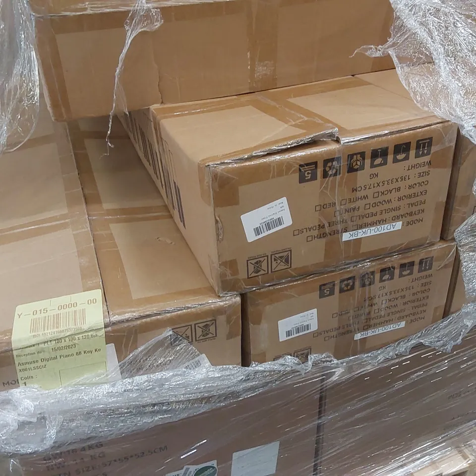 PALLET OF ASSORTED HOUSEHOLD ITEMS AND CONSUMER PRODUCTS TO INCLUDE; BAR STOOLS, 5 X ASMUSE DIGITAL PIANO 88 KEY KEYBOARDS ETC