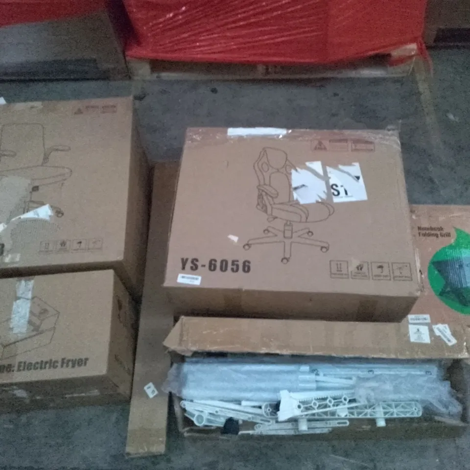 UNPROCESSED PALLET OF ASSORTED HOUSEHOLD GOODS TO INCLUDE NOTEBOOK FOLDING GRILL, OFFICE CHAIRS, AND ELECTRIC FRYER