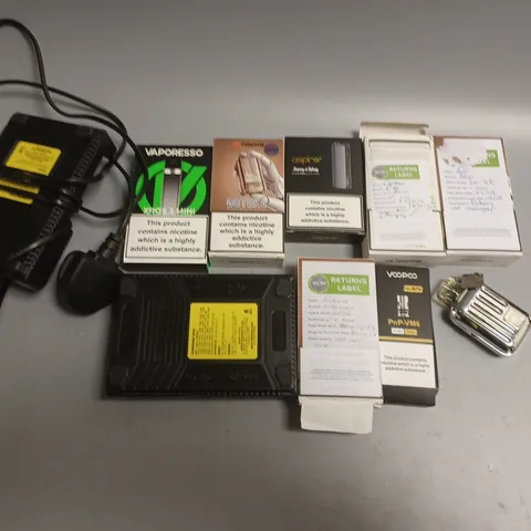 APPROXIMATELY 10 ASSORTED E-CIGARETTE PRODUCTS TO INCLUDE BATTERY CHARGERS, VAPORESSO, ASPIRE ETC 