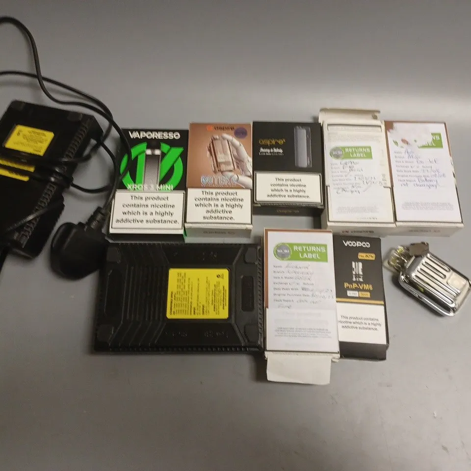 APPROXIMATELY 10 ASSORTED E-CIGARETTE PRODUCTS TO INCLUDE BATTERY CHARGERS, VAPORESSO, ASPIRE ETC 