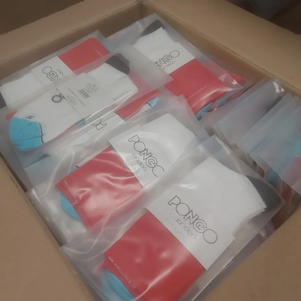 BOX TO CONTAIN APPROX 80 BRAND NEW PAIRS OF PONGO LONDON CYCLING SOCKS // SIZE: L-XL // 1 PAIR PER PACK