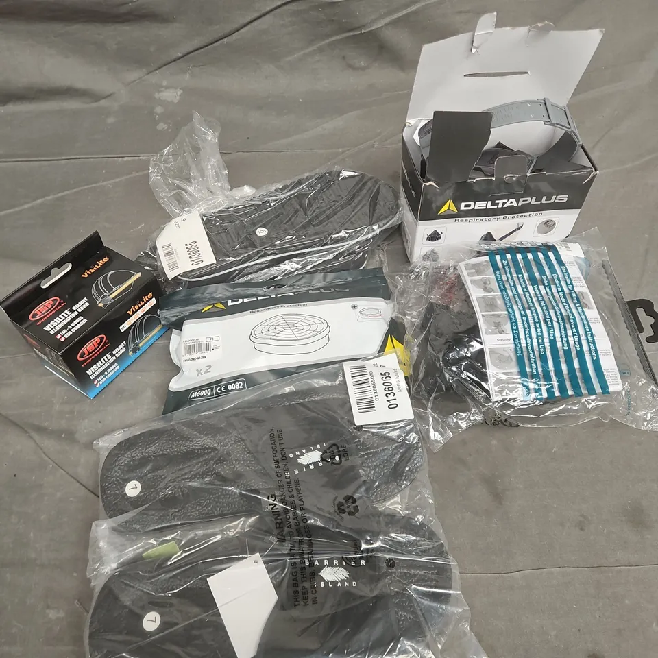 APPROXIMATELY 20 ASSORTED WORKWEAR CLOTHING ITEMS IN VARIOUS SIZES TO INCLUDE DELTAPLUS MASK, JSP HELEMT ILLUMINATION BAND, BARRIER ISLAND MULES, ETC