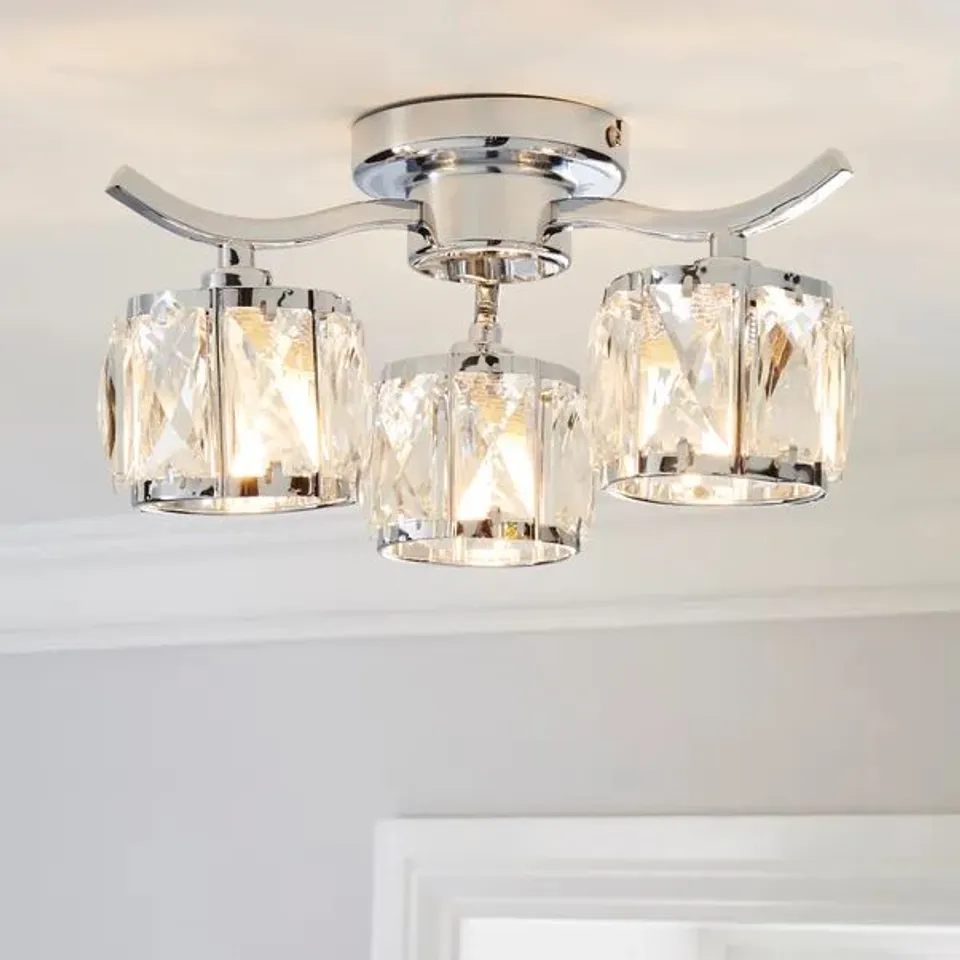 BOXED KLEIO 3 LIGHT GLASS CHROME SEMI FLUSH CEILING LIGHT
