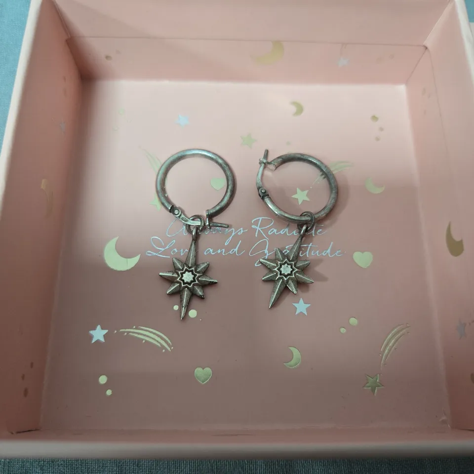 CHLOBO STARBURST HOOP EARRINGS – SILVER-TONE, BOXED IN PINK PRESENTATION CASE - COLLECTION ONLY