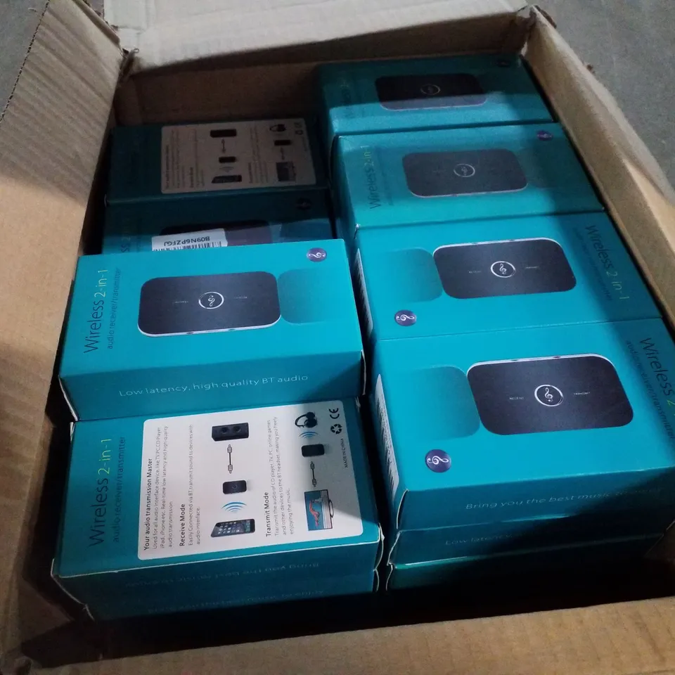BOX CONTAINING APPROXIMATELY 34 WIRELESS 2-IN-1 AUDIO RECEIVER/TRANSMITTER