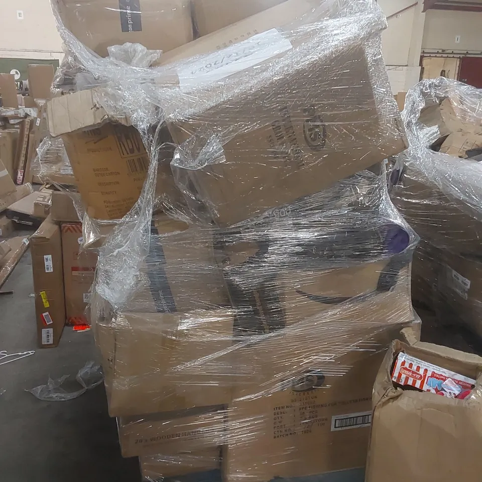 PALLET OF ASSORTED ITEMS TO INCLUDE: BOX OF SUPER SQUISHY SCENTED SOFTIES, PET GROOMING GLOVE, VACUUM STORAGE BAGS, DRINKING JARS, GARDEN NETTING SET ETC