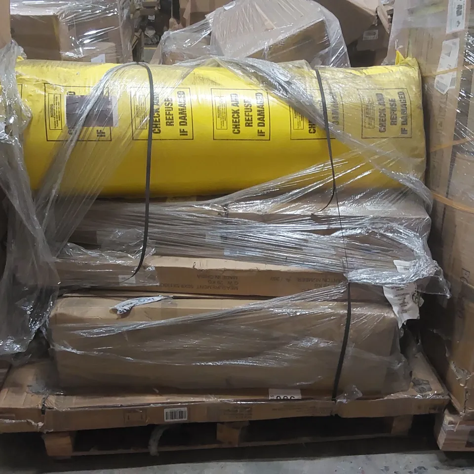 PALLET CONTAINING A LARGE QUANTITY OF ASSORTED PRODUCTS TO INCLUDE: ROLLED MATTRESS, HEADBOARD PARTS ECT