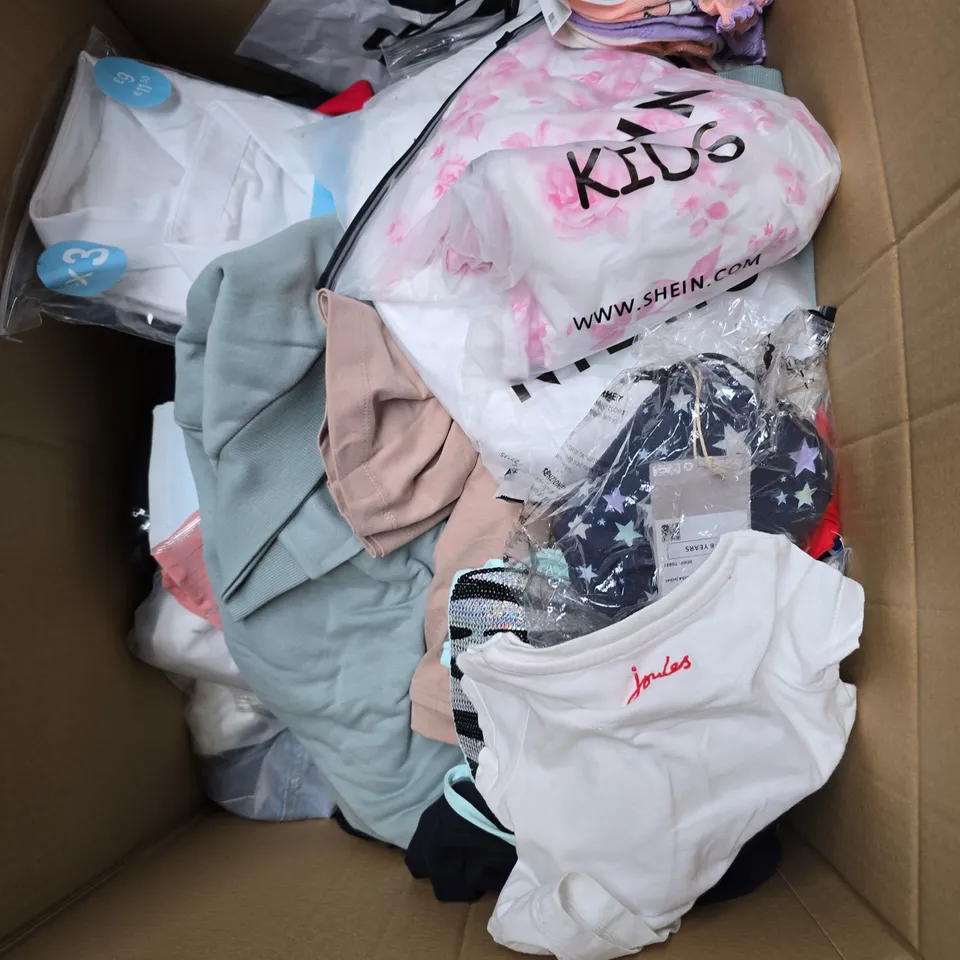BOX OF APPROXIMATELY 30 ASSORTED KIDS CLOTHING ITEMS TO INCUDE - DRESS, BLANKET, BRIEFS, ETC