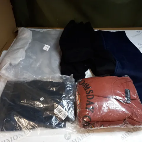 BOX OF ASSORTED CLOTHING ITEMS TOO INCLUDE DRESSES , SHIRTS AND TROUSERS IN VARIOUS SIZES AND COLOURS