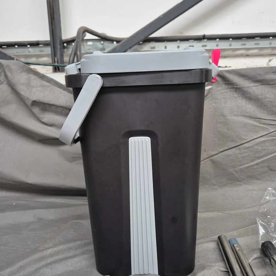 BLACK PLASTIC STORAGE BIN WITH GREY LID AND RIBBED FRONT PANEL WITH FLOOR DUSTER 