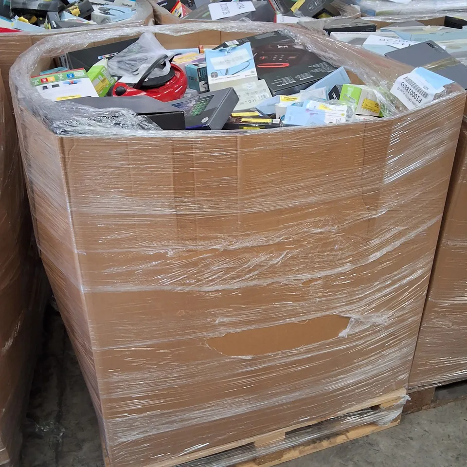 PALLET CONTAINING ASSORTED ELECTRICAL RETURNS INCLUDING BLUETOOTH PARTY SPEAKER, 25W COMPACT SOUNDBAR, LONG ARM PHONE HOLDER, OLED UNIVERSAL TV WALL MOUNT & WIRELESS KEYBOARD AND MOUSE COMBO