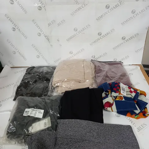 LARGE BOX OF ASSORTED CLOTHING ITEMS IN VARIOUS COLOURS AND SIZES INCLUDING TROUSERS , TOPS AND JUMPERS