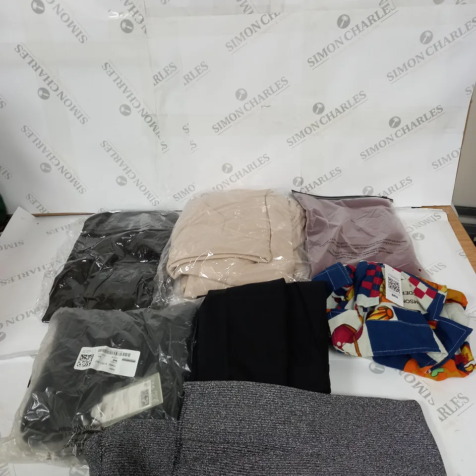 LARGE BOX OF ASSORTED CLOTHING ITEMS IN VARIOUS COLOURS AND SIZES INCLUDING TROUSERS , TOPS AND JUMPERS 