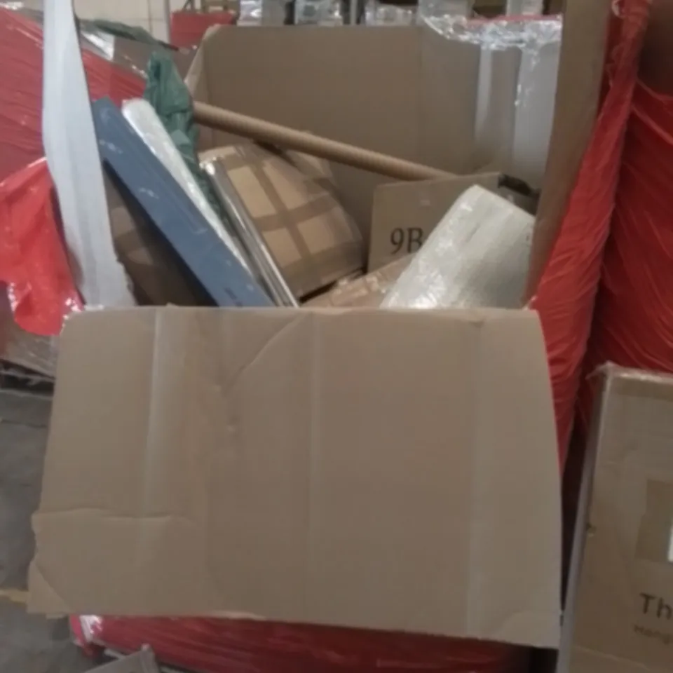 PALLET OF ASSORTED HOUSEHOLD ITEMS TO INCLUDE ELECTRONIC PATIO HEATER, SAFETY GATE AND CARPET PROTECTOR 