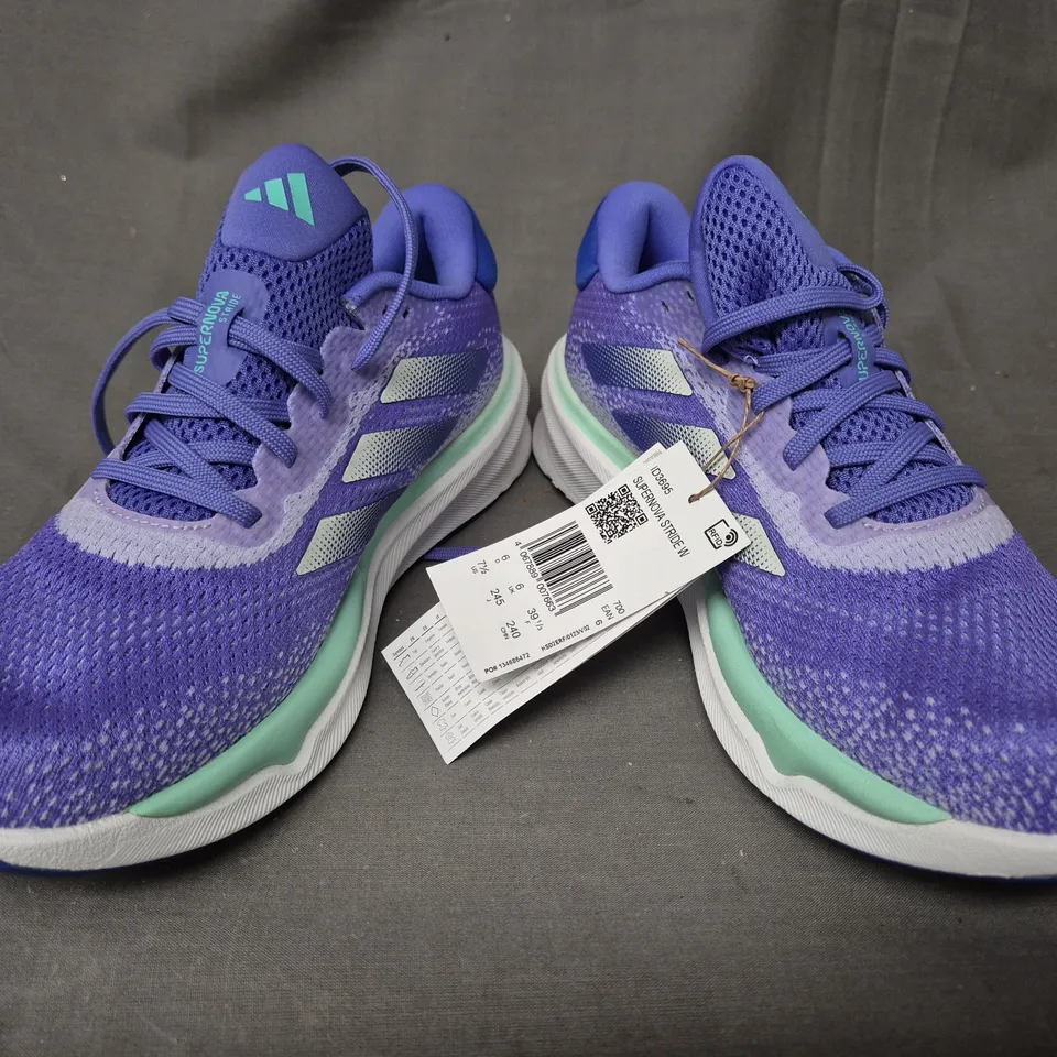 BOXED PAIR OF ADIDAS SUPERNOVA STRIDE WOMEN'S SHOES IN LILAC/SEA FOAM UK SIZE 6