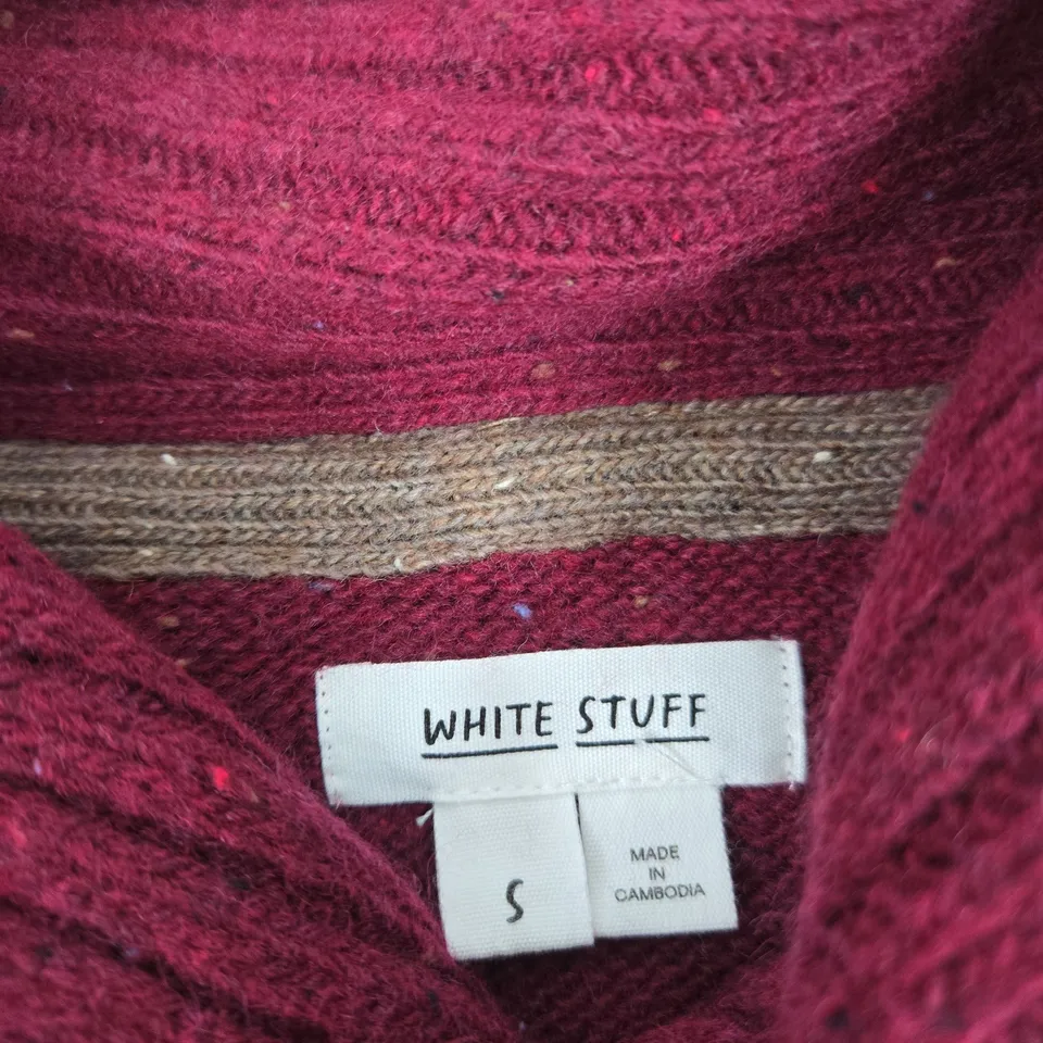 WHITE STUFF BURGUNDY CABLE-KNIT PULLOVER SWEATER – SIZE S (MADE IN CAMBODIA)