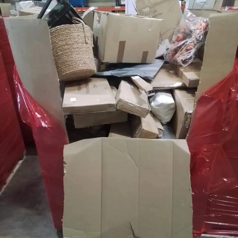 PALLET CONTAINING VARIOUS ASSORTED ITEMS TO INCLUDE: HALLOWEEN DECORATION, PORTABLE BARBECUE, BED ASSIST RAIL WICKER BASKET AND LOTS MORE UNMARKED BOXED ITEMS 