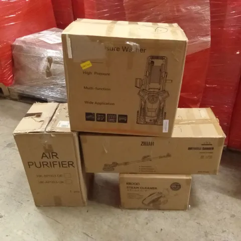 PALLET OF ASSORTED HOUSEHOLD GOODS AND PRODUCTS TO INCLUDE; AIR PURIFIER, DRYWALL SANDER, STEAM CLEANER, DART BOARD ETC