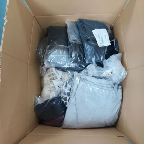 BOX OF APPROXIMATELY 20 ASSORTED CLOTHING ITEMS TO INCLUDE: NEON ROSE BURGUNDY CARDIGAN 