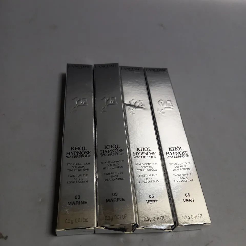 BOXED LOT OF 4 LANCOME TWIST UP EYE PENCIL LONG LASTING AND WATERPROOF. 2 X VERT AND 2 X MARINE. 0.3G