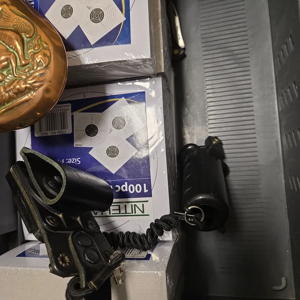 APPROX 8 ASSORTED ITEMS TO INCLUDE RIFLE TARGET SET, BB AMMUNITION, HANDCUFF, ETC 