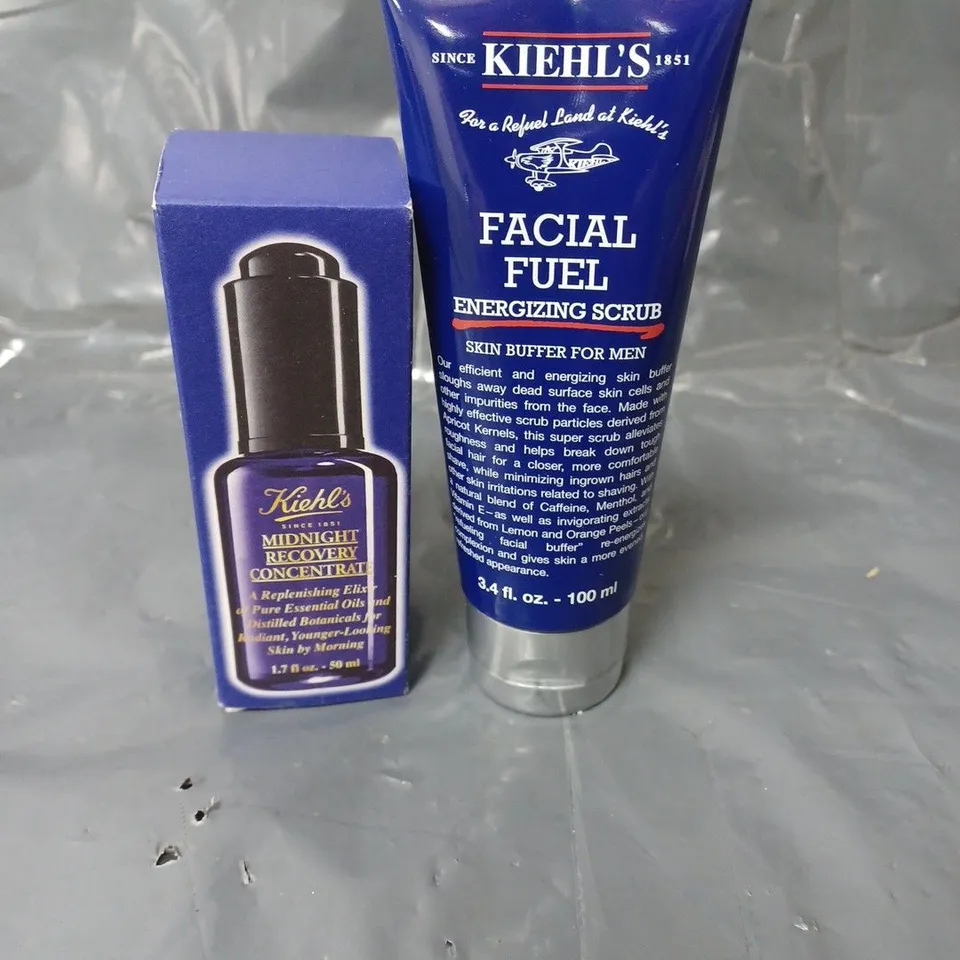 LOT OF 2 KIEHL'S SKINCARE PRODUCTS TO INCLUDE MIDNIGHT RECOVERY DROPS 50ML AND A FACIAL SCRUB 100ML