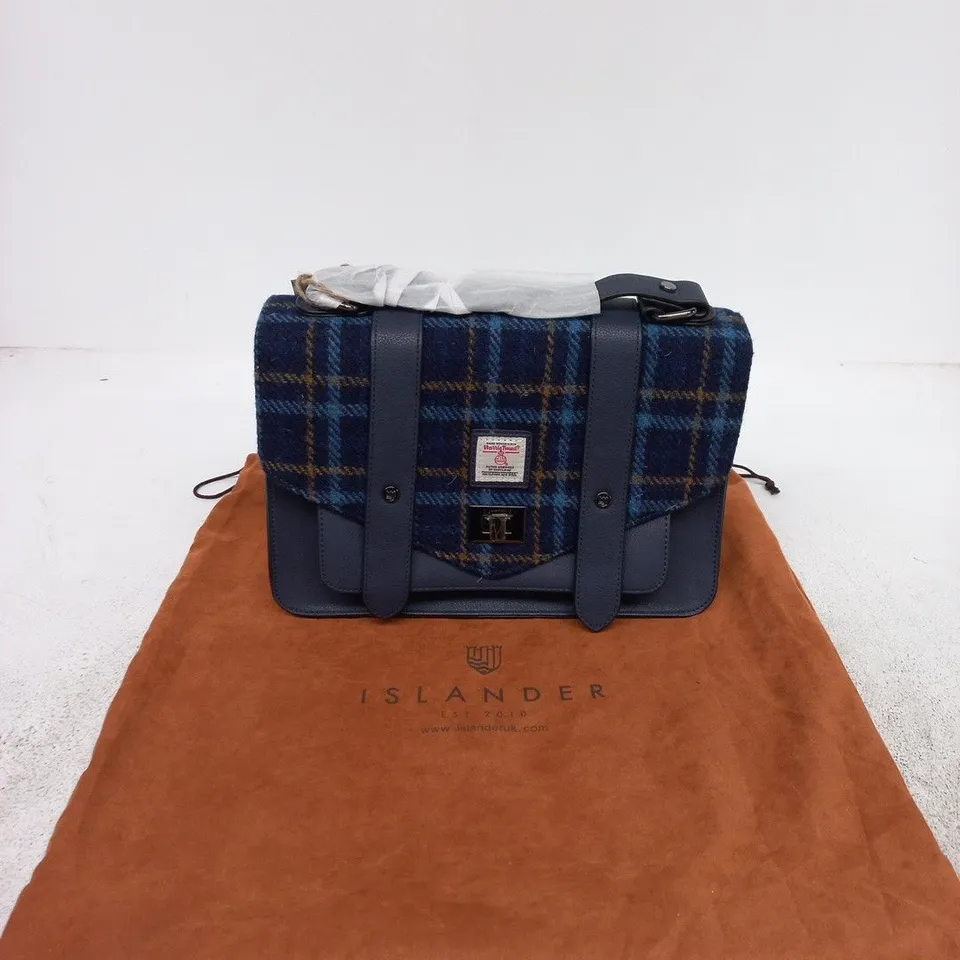 ISLANDER BLUE PLAID HANDBAG WITH NAVY LEATHER TRIM
