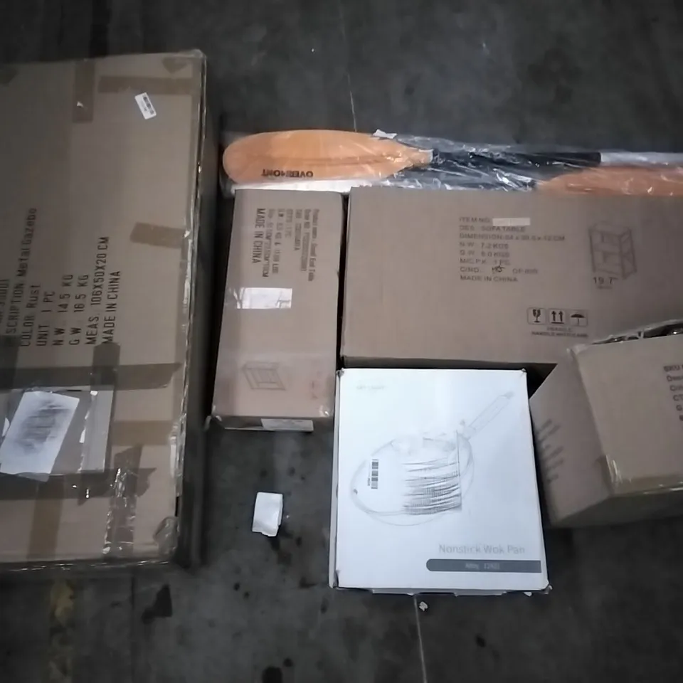 PALLET OF ASSORTED ITEMS INCLUDING OVERMONT OAR, SOFA TABLE, SMALL END TABLE, METAL GAZEBO, STORAGE STOOL, SKYLIGHT NONSTICK WOK PAN