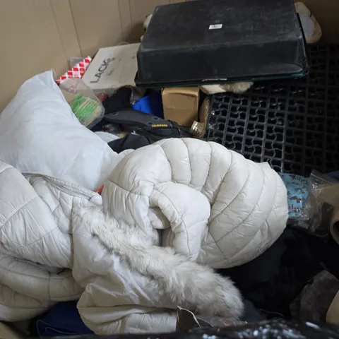 PALLET OF APPROXIMATELY 50 ASSORTED ITEMS INCLUDING CLOTHING ITEMS , DEEP TRAY , SHOWER HEAD AND HOOVER BAGS