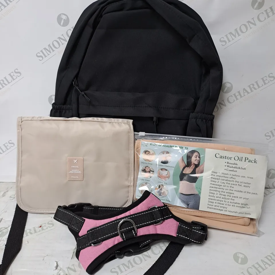 APPROXIMATELY 10 ASSORTED ITEMS TO INCLUDE CASTOR OIL PACK, DOG HARNESS, TRAVEL BAG, BACKPACK 
